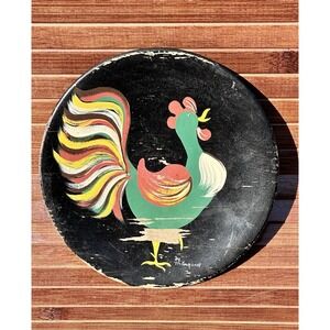 Antique Margaret Studios Hand Painted Wooden Plate Rooster Signed By Margaret